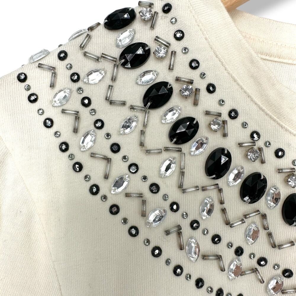 Talbots Petites | Large | Cream w/ Black Stripes Jewel Embellished Neckline Top - Picture 3 of 6